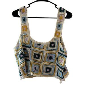 Crocheted Granny Square Blue Yellow Pink Crop Top Tank By Pants Store Size M/L